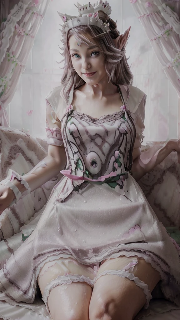a beautiful women, (Elf Queen:1.4) sit on the throne,(neko maid clothes:1.8) , perfect face, full body, victorian era, noble dress, complicated decoration, spelling, talking, smiling, arms behind back, soft rim light, beautiful detailed sky, masterpiece, ultra high res, high quality, 4k, (photorealistic:1.2), photo,