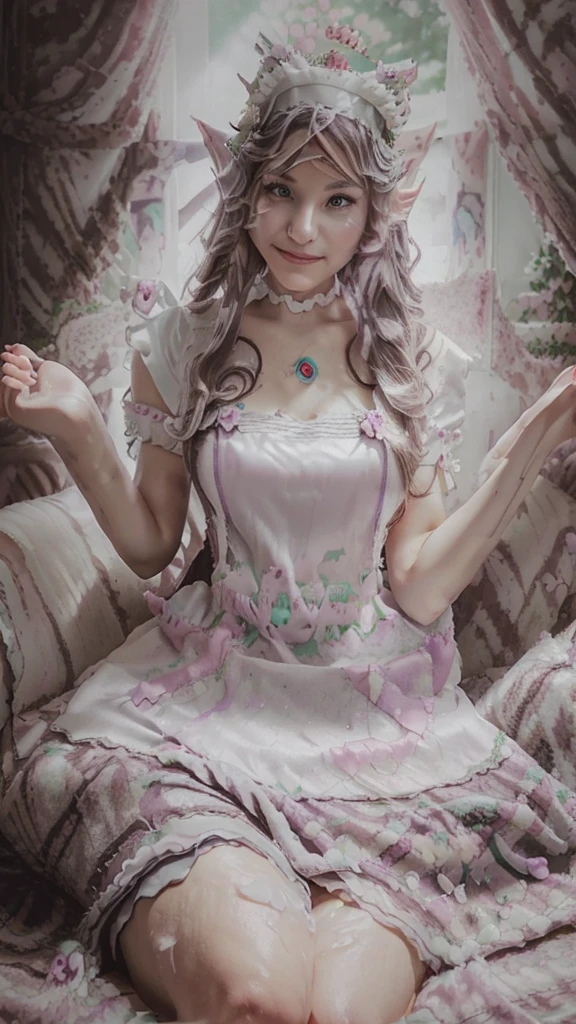 a beautiful women, (Elf Queen:1.4) sit on the throne,(neko maid clothes:1.8) , perfect face, full body, victorian era, noble dress, complicated decoration, spelling, talking, smiling, arms behind back, soft rim light, beautiful detailed sky, masterpiece, ultra high res, high quality, 4k, (photorealistic:1.2), photo,