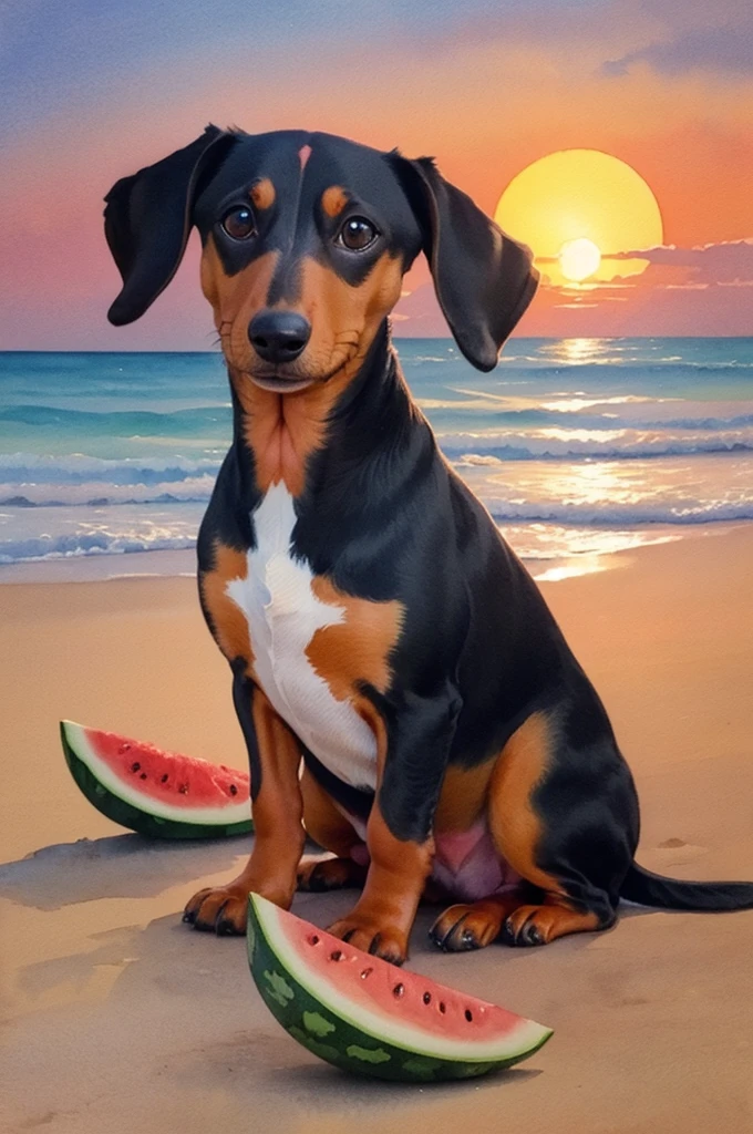 Watercolor painting of a dachshund looking at a watermelon sun