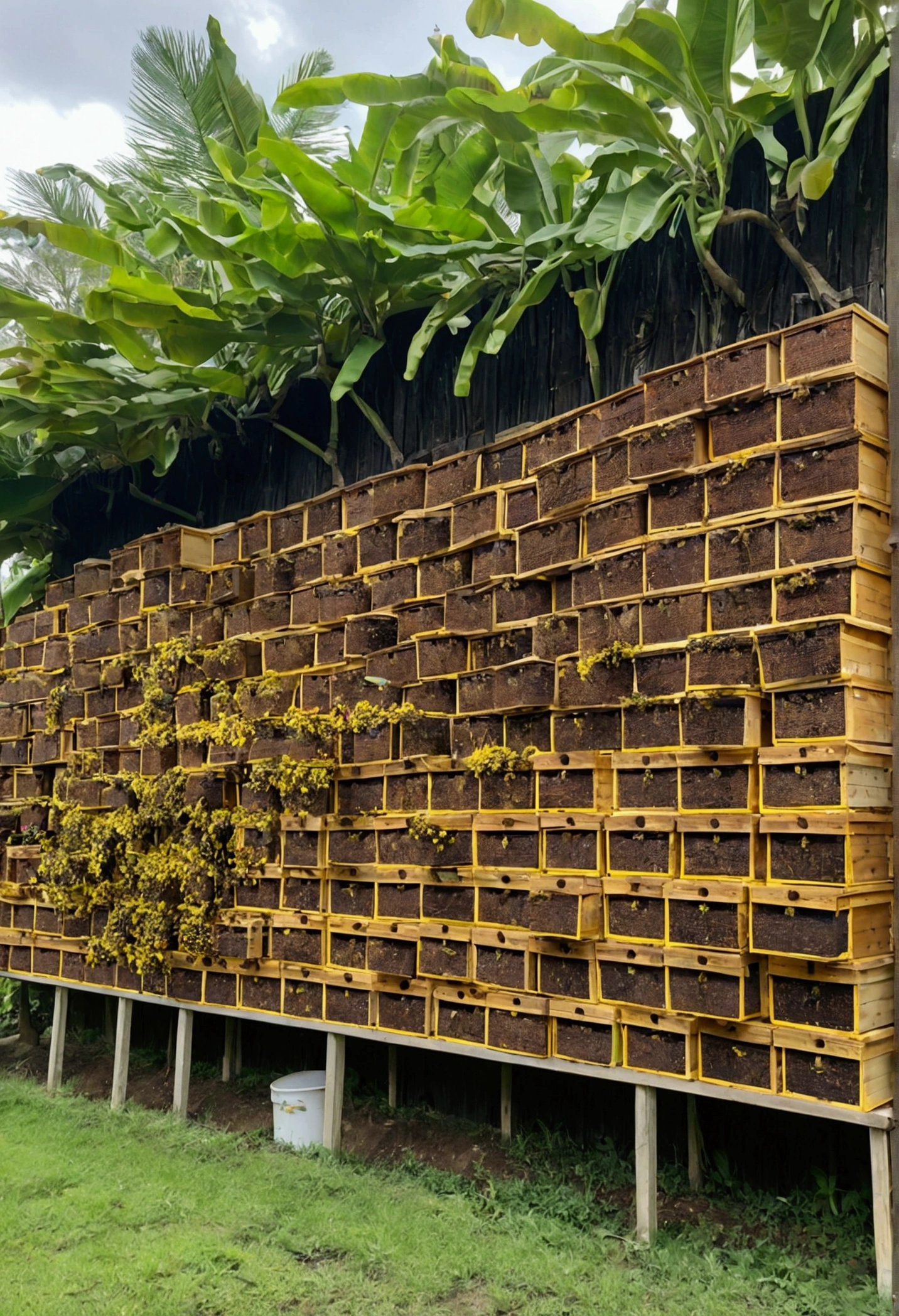 hundreds of wooden boxes, neatly arranged on the side wall of the house, for cultivating meliponica bees. around it were banana plants, and several flower plants were spreading on the branches of the trees.
