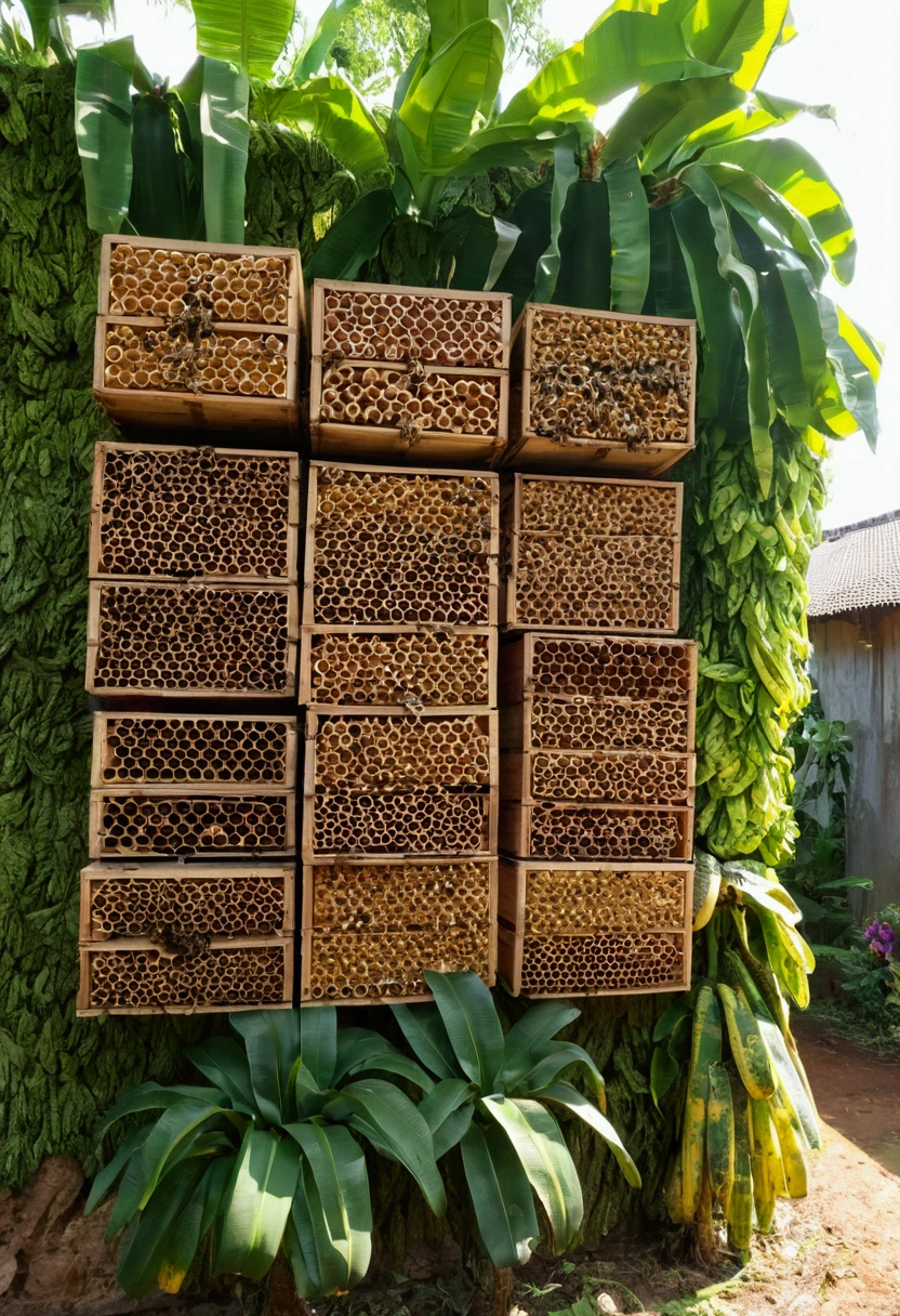 hundreds of wooden boxes, neatly arranged on the side wall of the house, for cultivating meliponica bees. around it were banana plants, and several flower plants were spreading on the branches of the trees.