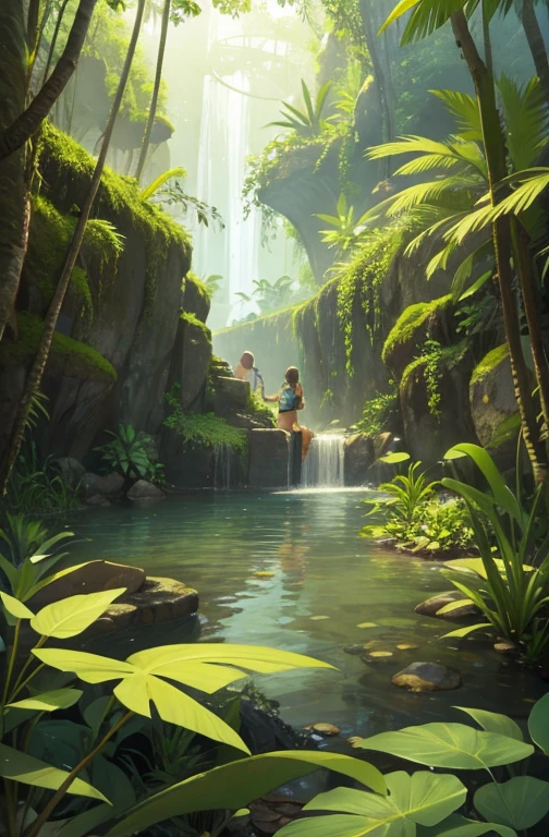 Two boys swimming together，Spring water，Small fish