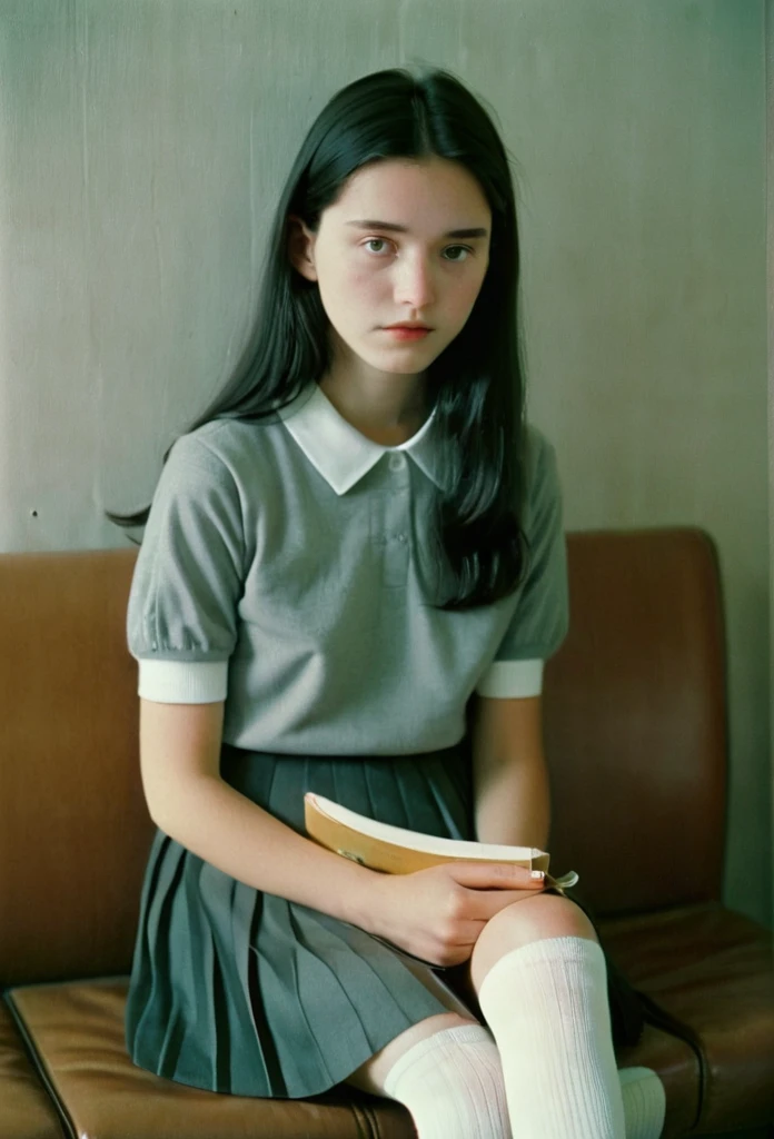 90s high school girl, white short sleeves shirt with grey pleated midi skirt and white socks. Long black hair and a sling school bag. Sitting on a leather couch. Shallow depth of field, shadows, grainy, seductive analog lofi (by Oleg Oprisco Laura Makabresku), wall, calendar of 1993, dimly lit, potted plant
