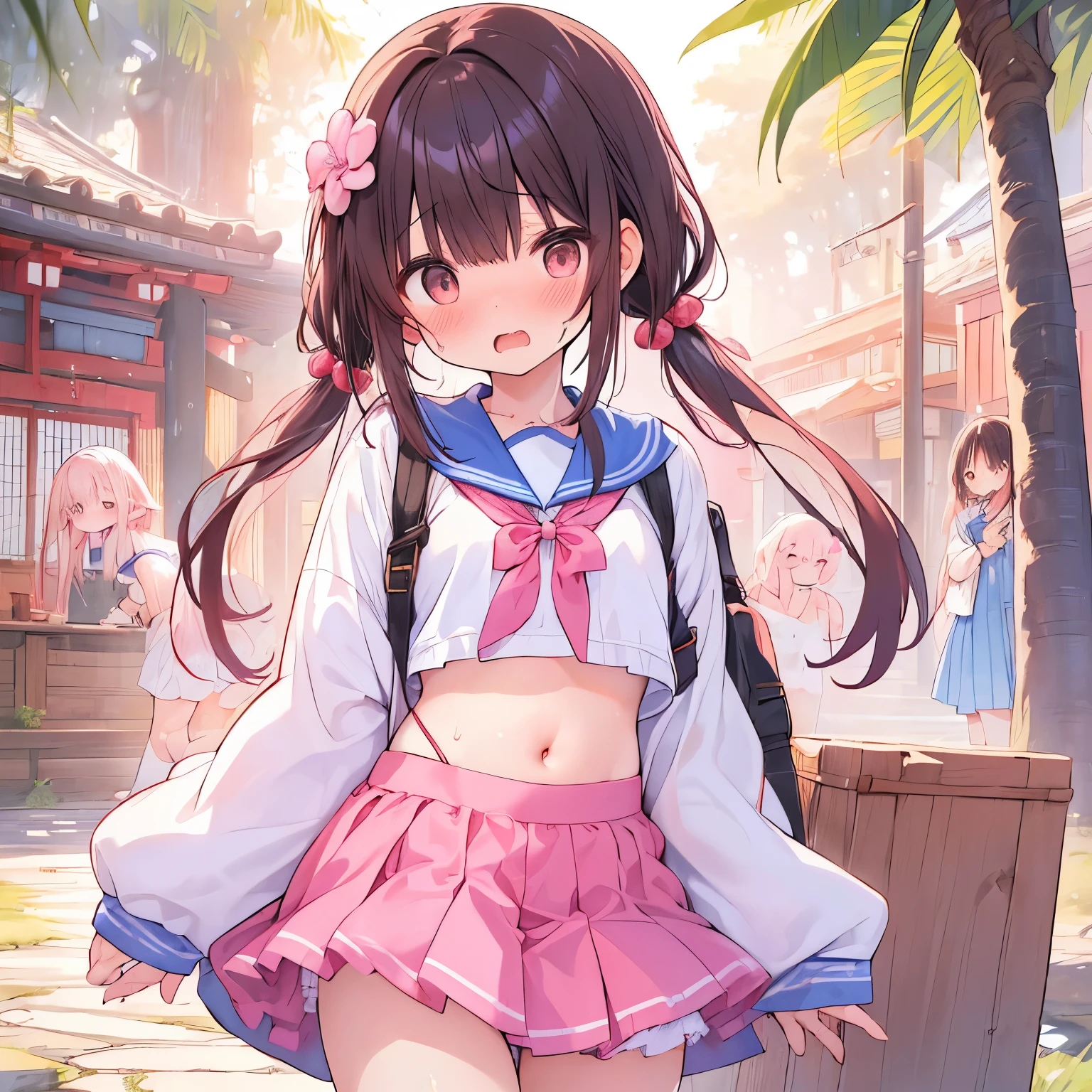 ((日本人のgirl1人、aldult)), ( small)), Black Hair、Brown Hair、masterpiece, 最high quality, high quality, Highly detailed 8K wallpapers,in the forest、Pink Hair、Tropics、Extreme heat、Heavy breathing、breathe、Sweat、Head ornament、Long Hair、Moist eyes、cute girls、Cute Female、Bold Pose、(Open your mouth、Small double tooth、Embarrassed face)、Mole、Waiting for ice cream、No fixes、Wave、(girl、Cute casual clothes、ribbon、Squid Belly、Wearing pink)、（No underwear）、Beautiful flat breasts、（激しいSweat）、(Saliva volume:1.4）、(Elementary school girl、Cute belly、Before menarche、Abdominal distention、Cute Pants）、（stroking the stomach:2）、(A comfortable face、Beautiful Face）、（serving）、（Trembling in the lower back:2）、Life-size、In front of the camera、Walk with your feet together