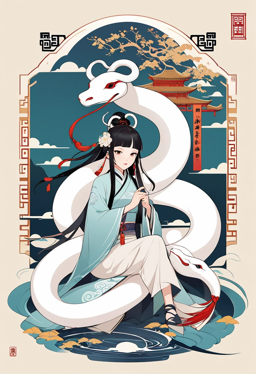 cover page, Four major folk legends of ancient China, The Legend of the White Snake, Bai she zhuàn, flat Design, vector illustrations, graphic illustration, detailed 2d illustration, flat illustration, digital illustration, digital artwork,