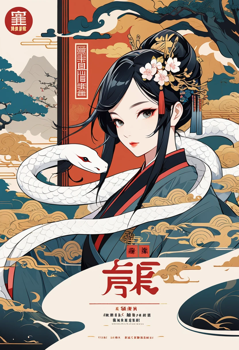 cover page, Four major folk legends of ancient China, The Legend of the White Snake, Bai she zhuàn, flat Design, vector illustrations, graphic illustration, detailed 2d illustration, flat illustration, digital illustration, digital artwork,