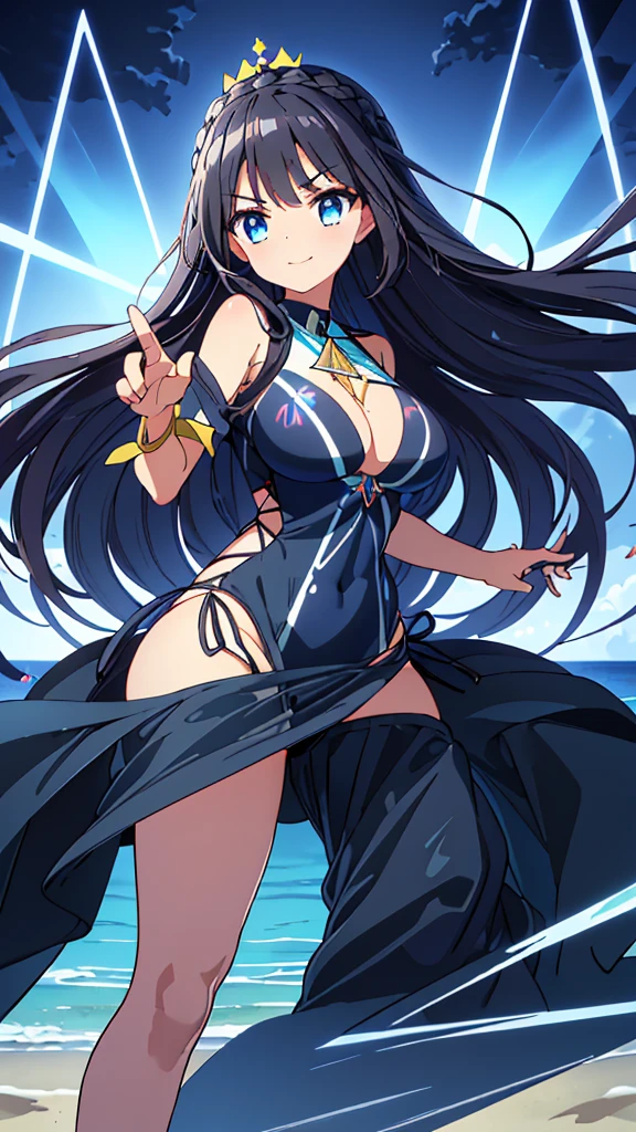 best quality, extremely detailed,anime style girl,long hair down to the waist, straight hair, ((dark black hair with bluish)),((crown braid)),beautiful detailed eyes, pinched eyes, (dark blue eyes),huge breasts,curvy,((((Mystical atmosphere  transparency dressswimwear)))),clothing with complex patterns,smile,((((casual beach)))),Sunlight,((((Diagonal angle)))),dynamic angle,((active pose))