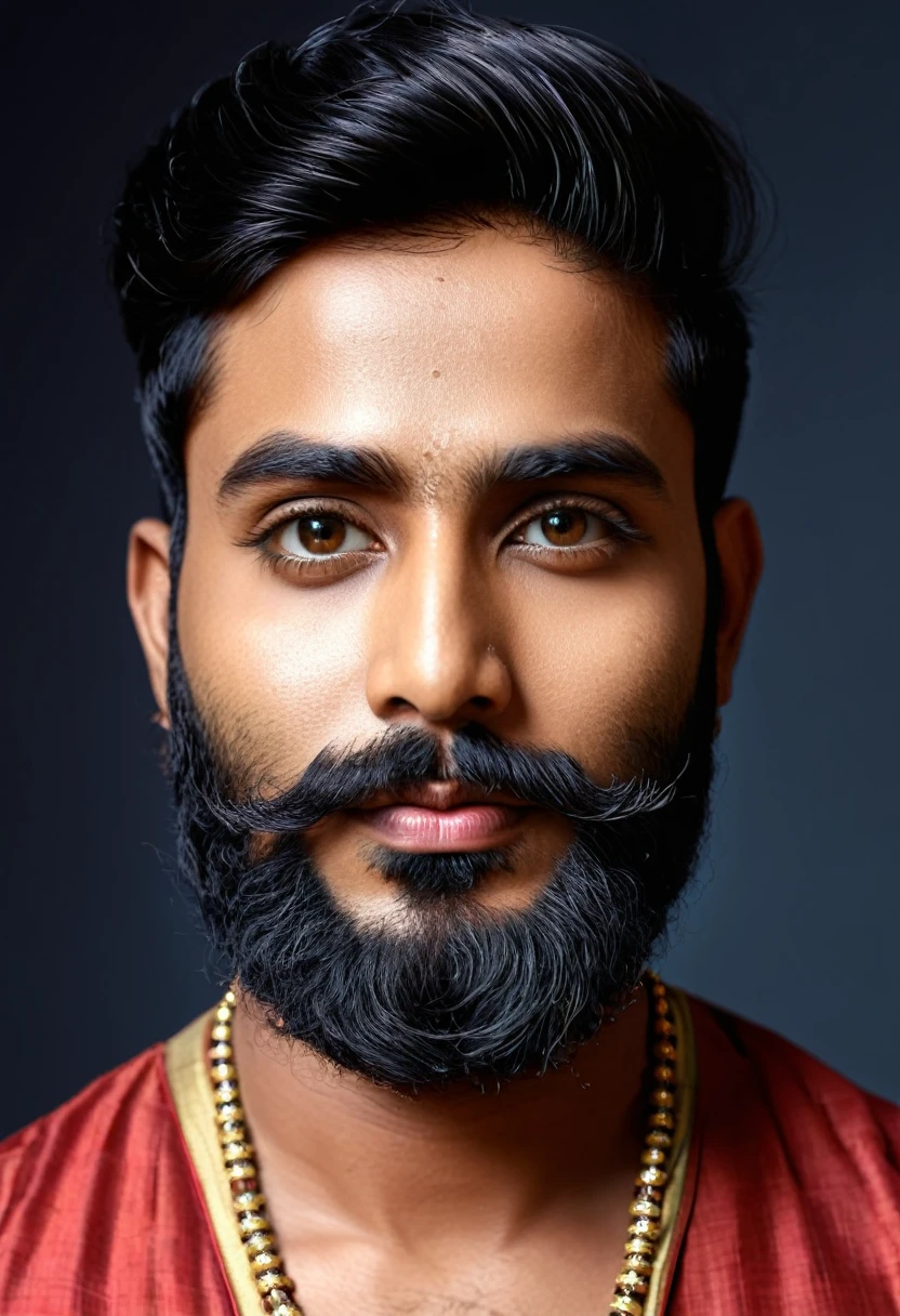 "Generate an ultra-realistic portrait of an Indian Bengali handsome bearded man. The portrait should depict the man in a close-up front-facing view with detailed sharp facial features. Ensure the following characteristics:
Bengali Characteristics: Reflect distinct Bengali traits, including skin tone, hair texture, and facial structure.
Sharp Facial Features: Highlight defined jawline, high cheekbones, and pronounced eyebrows for a striking appearance.
Beard Detail: Depict a well-groomed beard with individual hairs and natural growth patterns. Consider a style that complements Bengali aesthetics.
Eyes and Expression: Focus on expressive eyes and maintain a confident or neutral expression, adding depth to the portrait.
Lighting and Shadow: Use dramatic lighting to accentuate sharp facial features, creating depth and contrast. A balance of light and shadow for a three-dimensional effect is key.
Background: Keep the background simple, using a soft gradient or blurred effect to emphasize the subject's face.
Clothing and Accessories: Include traditional Bengali elements like a kurta or a subtle necklace, ensuring they do not overshadow the close-up details.
Create a portrait that meets these specifications, emphasizing the cultural nuances, sharp facial features, detailed beard, and ultra-realistic close-up characteristics."
