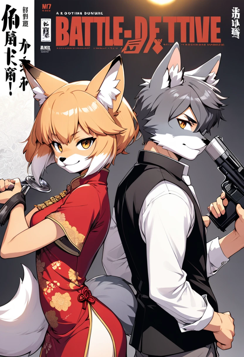 A doujinshi cover with a young male detective and a fox woman in a Chinese dress back to back, furry, kemono, with some elements of 007, battle manga,
