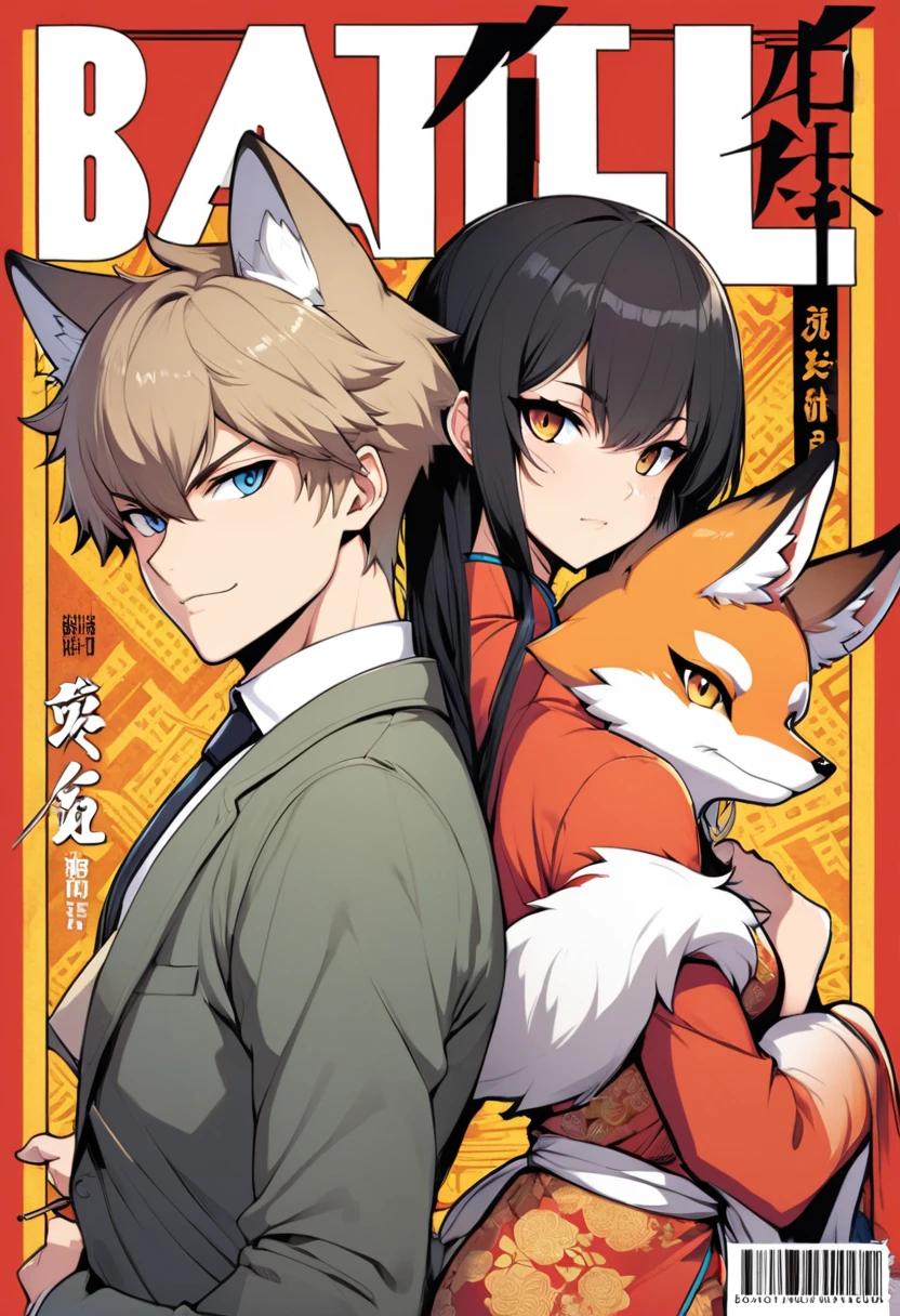 A doujinshi cover with a young male detective and a fox woman in a Chinese dress back to back, furry, kemono, with some elements of 007, battle manga,