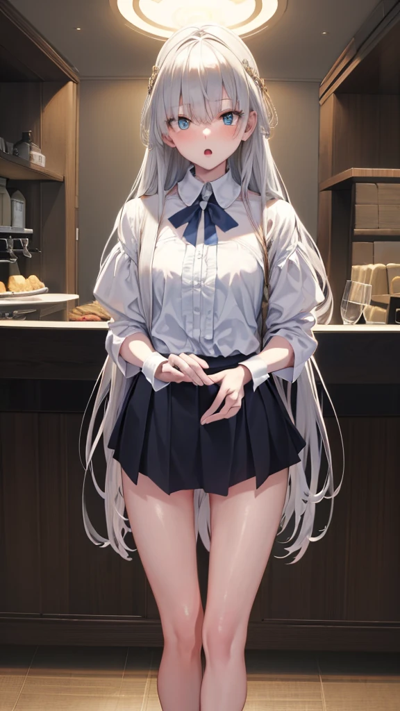 skirt, (Unbroken body), (Perfect body structure), (arms two), (legs two), highest quality, 4K, (High resolution: 1.3) masterpiece , 1.2, Super detailed, HDR, Studio Lighting, Sharp Focus, Bright colors, Portrait, Warm tones, Soft Lighting,Silver Hair、Blue Eyes、long hair、Standing picture, front