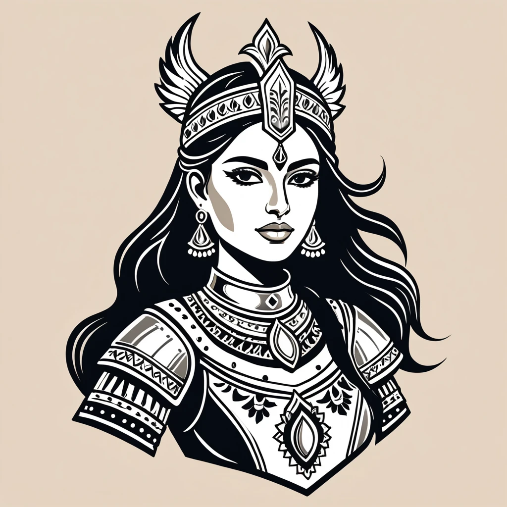 female knight in indian folk outfit, vector graphics, strong contours, logo design
