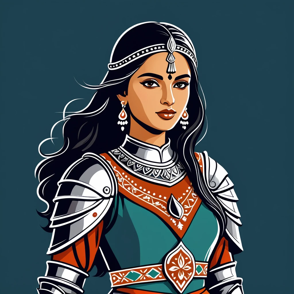 female knight in indian folk outfit, vector graphics, strong contours, logo design
