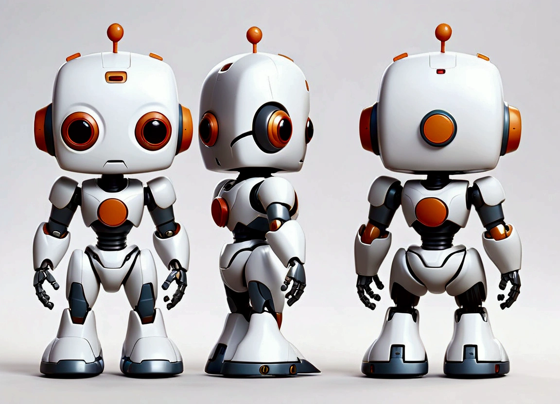 small tender robot like wally-e , short legs, reactangular rectangular head with eyes ((front, side, back views of the same character)) , white background
