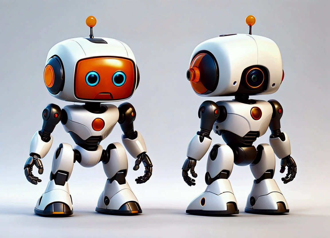 small tender robot like wally-e , short legs, reactangular rectangular head with eyes ((front, side, back views of the same character)) , white background
