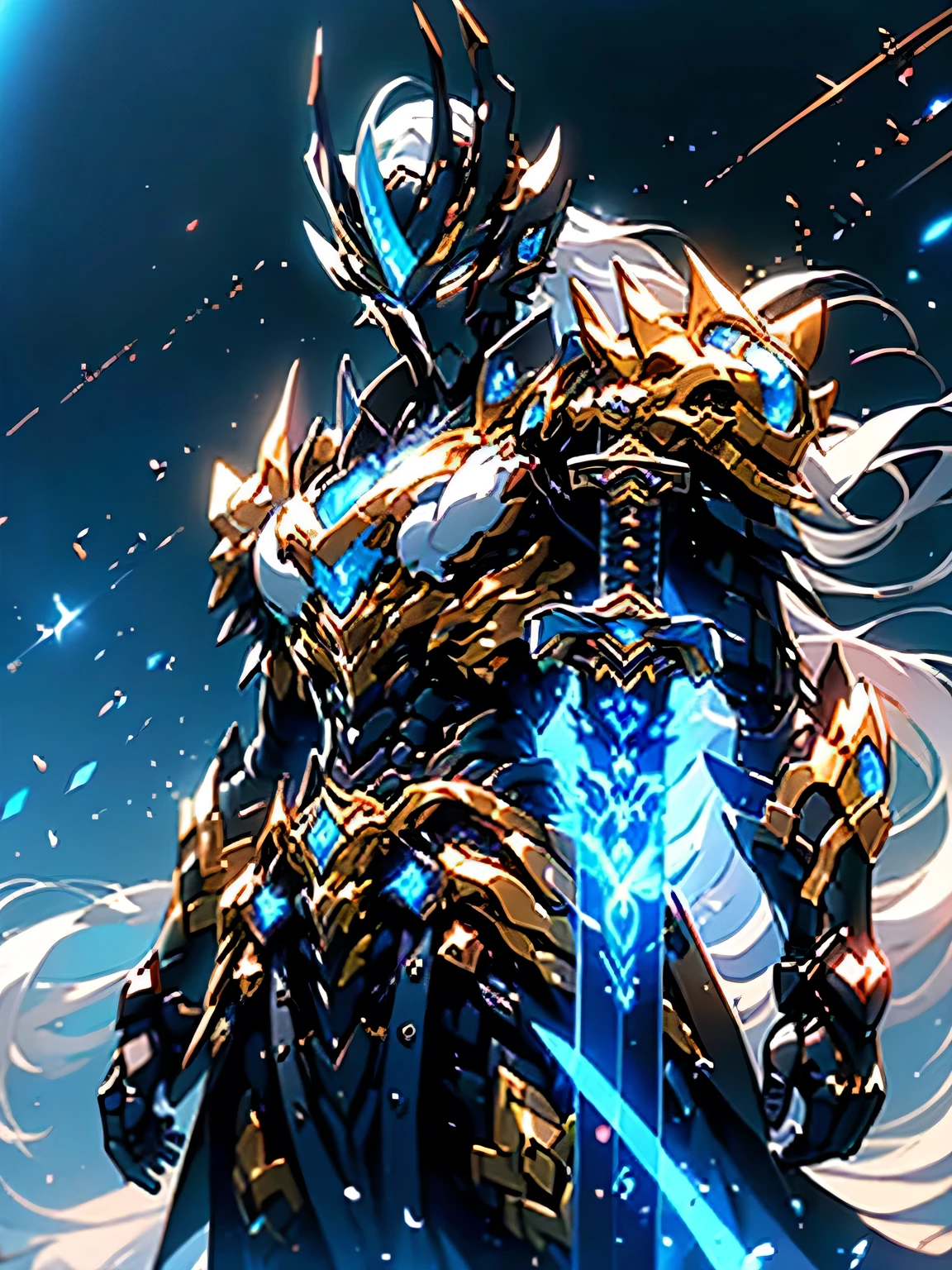 (sword:1.5),Man waving a sword,The Ultimate King of the Universe,Ancient beast armor,Ancient legends,Chinese Taoism,Mysterious symbols,Ethereal Light,Shrouded in clouds,Fighting Stance,Giant mecha,(Smooth surface),Standing on the cliff overlooking the night view,Cyberpunk City,White as main color,red、Bright decorative colors,Like blue and gold。There are powerful thrusters,(crystal:1.3),(((Masterpiece))),(((best quality))),((Ultra Detailed))((Extremely detailed CG)),((16k resolution))((Extremely delicate and beautiful)),{Reality},A bloom of light filled with detail,Masterpiece shot by Canon EOS R6,((masterpiece)) ,Cinematic light,独奏,Unreal Engine 5,(Chinese Longquan sword,exquisite craft、Elegant and powerful sword。Slim and beautiful blade,Forged using traditional techniques。The blade is beautifully carved with decorations,Display of mythical creatures and symbols of power。Handle made of precious ivory),lightning,Thunder and Lightning