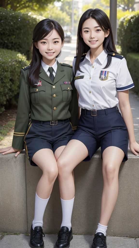 Photo, realistic, Girl 20 years old and girl 17 years old, ((uniform and short pants)), light smile, sitting, outdoors,