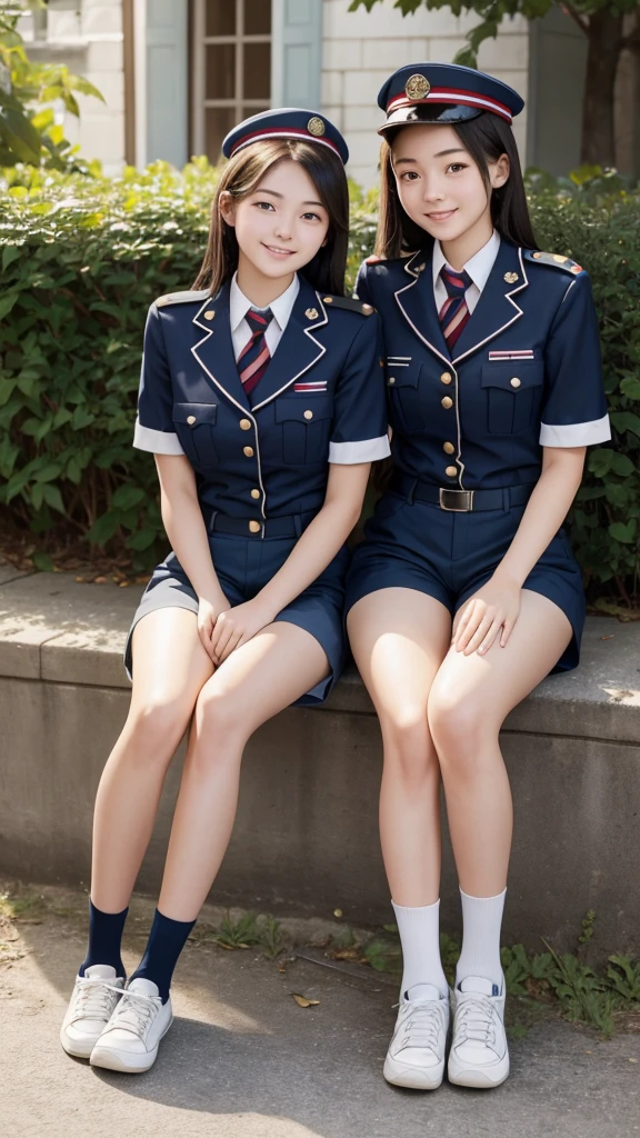 Photo, realistic, Girl 20 years old and girl 17 years old, ((uniform and short pants)), light smile, sitting, outdoors,