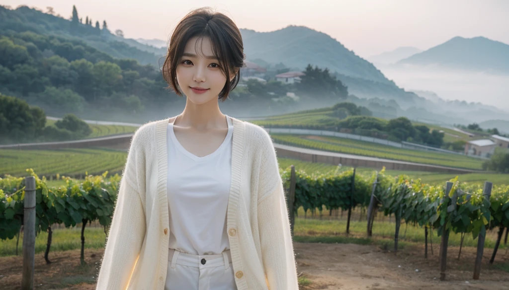 8k realistic, lifelike photo,, 36 year old Korean woman, Short in stature, pretty like a model. White shirt and short cardigan, casual pants, short medium hair, Smiley, Italy. vineyard, thick dawn fog. vineyard 멀리 짙은 안개 속으로 성당이 보인다. 1 woman, Short in stature, Excellent picture quality, The morning fog is thick, The picture quality is alive.  Look to the side