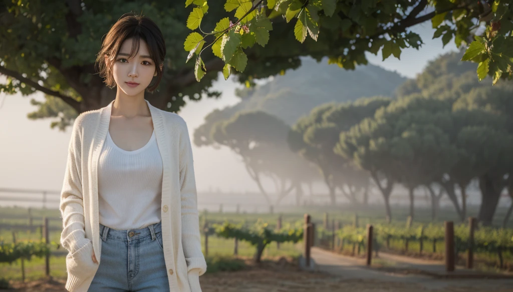 8k realistic, lifelike photo,, 36 year old Korean woman, Short in stature, pretty like a model. White shirt and short cardigan, casual pants, short medium hair, Smiley, Italy. vineyard, thick dawn fog. vineyard 멀리 짙은 안개 속으로 성당이 보인다. 1 woman, Short in stature, Excellent picture quality, The morning fog is thick, The picture quality is alive.  Look to the side