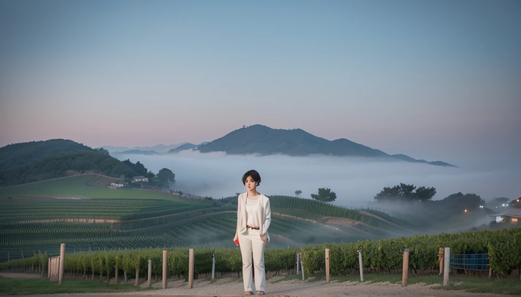 8k realistic, lifelike photo,, 36 year old Korean woman, Short in stature, pretty like a model. White shirt and short cardigan, casual pants, short medium hair, Smiley, Italy. vineyard, thick dawn fog. vineyard 멀리 짙은 안개 속으로 성당이 보인다. 1 woman, Short in stature, Excellent picture quality, The morning fog is thick, The picture quality is alive. Look to the side