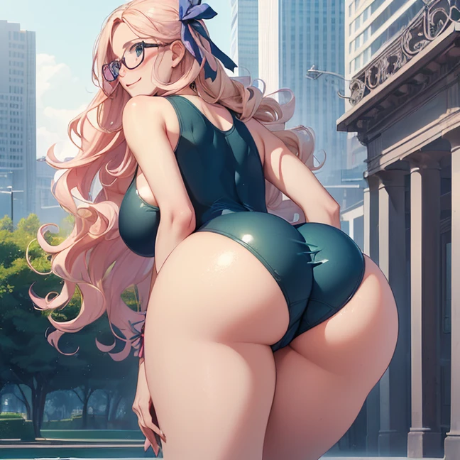 (Master piece, best high quality image, carefully detailed details and textures, character alone, full body view)
{{(1character: 30 years old blonde haired danish human girl noble: (fair skin, blonde long curly hair, beautiful light-blue eyes, beautiful face, sharp eyebrows, voluptuous figure, big breasts, big butt, beautiful legs, lovely smile, friendly demeanor, walking relaxed, back view), (left hair pink ribbon, blue round glasses, blue one-piece swimsuit), (green park, city plaza))}}