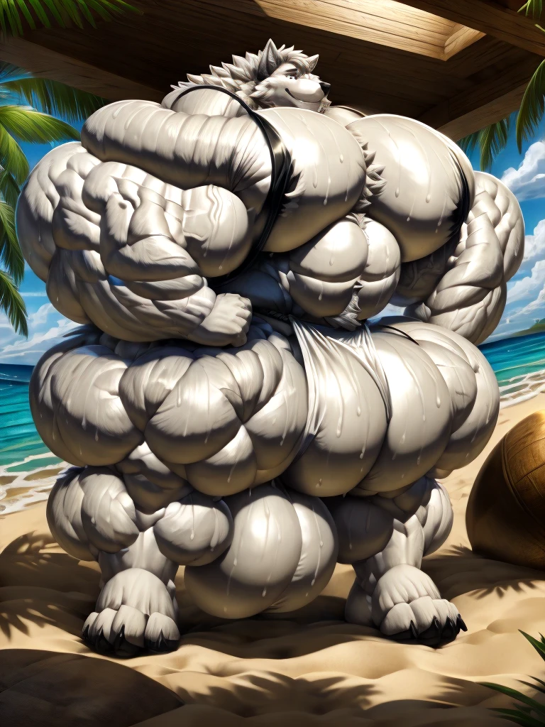 4K, high resolution, best quality, perfect lightning, perfect, Solitary, anthropology, young, Boys,White Wolf:2.0, Hairy body, (Fluffy mane:1.2), Fluffy tail, male, aldult, (Bulky 2:0, Thick muscle 2:0, Huge muscles:2.0, muscular:2.0), (Thick biceps, Veinous biceps, Broad shoulders:2.0), (Thick Legs, Thick calves:1.1), (Digitized foot, 4 Toes:1.2), perfect colors, (Realistic hair, Detailed fur, epic, masterpiece), (Suggestive pose:1.2), (seductive smile, smile 1.3), Beach detail:2.0,Detailed wolf eye:2.0, From k0suna, through dark gems,Superweapon:2.0,vein,White body,White fur,hyperass:2.0,Super strong claws:2.0,permanent,Thick Legs,thick ass:2.0,Sweaty body:2.0,Huge ass:2.0,Black Hat,hyper ass::0.7,Huge ass:2.0,Long legs,Juicy ass:2.0,hyperass,fat ass,fundoshi,transparent tank top