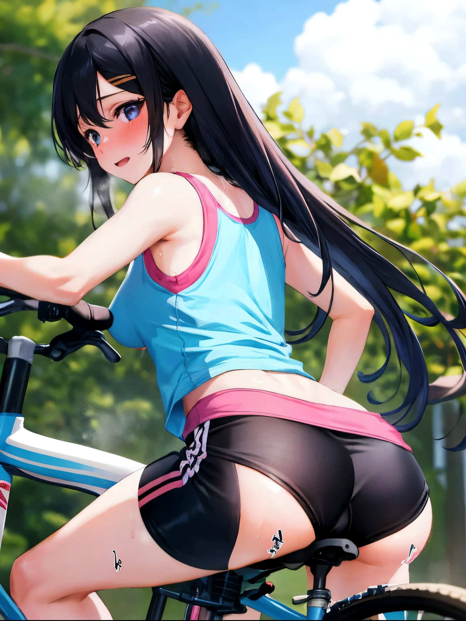 Best quality, masterpiece, 1 girl, 23 years old, athlete, straight black hair, cyclist's shorts, riding a bicycle, road, vegetation, details, volumetric lighting, photorealistic, detailed, from behind, looking back, from below,nsfw,(best quality, 4k, high resolution, ultra detailed), riding machine, solo, 1 girl, medium breasts, long hair, short tank top, healthy skin, ultra detailed eyes, bright eyes, blushing, breasts, shaking, sweat , tears, steaming body
