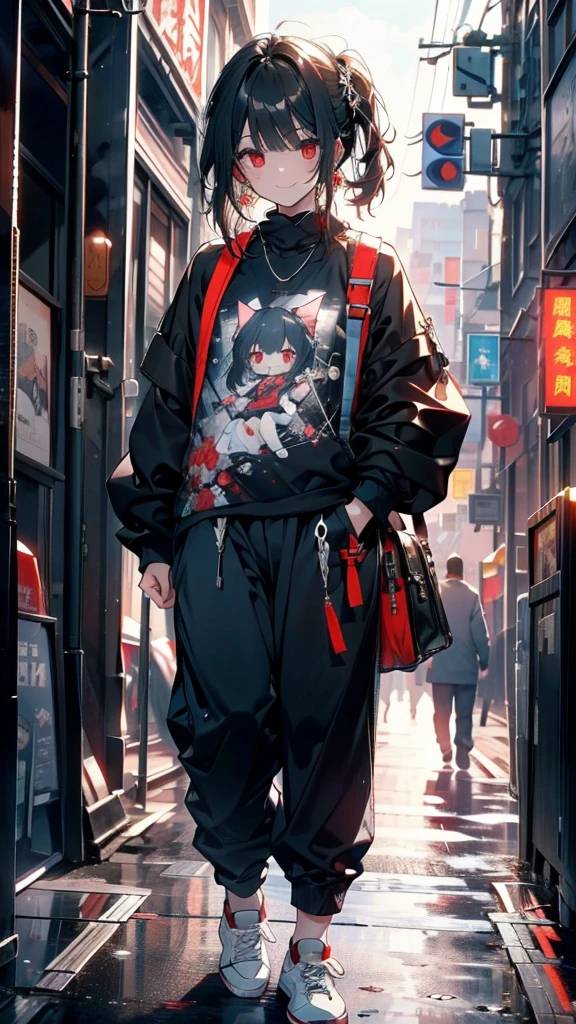 十几岁of女孩, 巨大of乳房乳沟,,Black sweatpants,Black sweatshirt,Black bag,深褐色of头发,Red Eyes,阴暗of,生病of,madman,Smiling,The bloody scene,Bone Dagger,White sneakers,of,kill,Violence,Angiotensin converting enzyme,Sissy,,cute,As weak as a kitten,Middle School and Primary School,City,The Wind of the Future,artwork,masterpiece