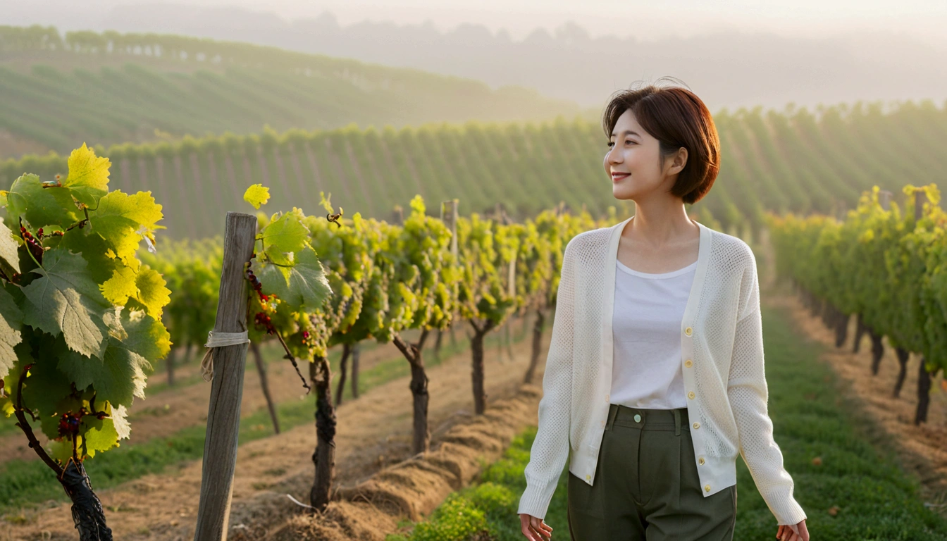 8k realistic, lifelike photo,, 36 year old Korean woman, Short in stature, pretty like a model. White shirt and short cardigan, casual pants, short medium hair, Smiley, Italy. vineyard, thick dawn fog. vineyard 멀리 짙은 안개 속으로 성당이 보인다. 1 woman, Short in stature, Excellent picture quality, The morning fog is thick, The picture quality is alive. Look to the side