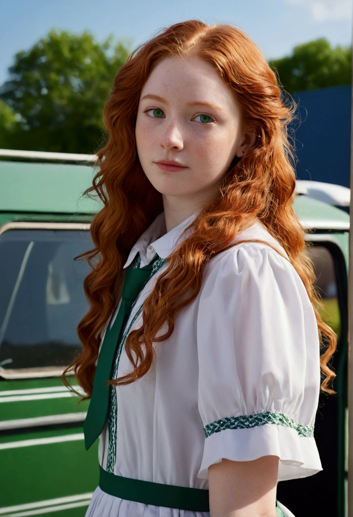 A girl, 20 years, redhead, wavy hair, very long hair, of collections, pale white skin, green eyes, small roof rack, small nose, nose turned up, round face, split chin, Small ears, in a school dress, 16k, highres, best quality, award winning, high details, textured skin, super detail, anatomically correct, masterpiece