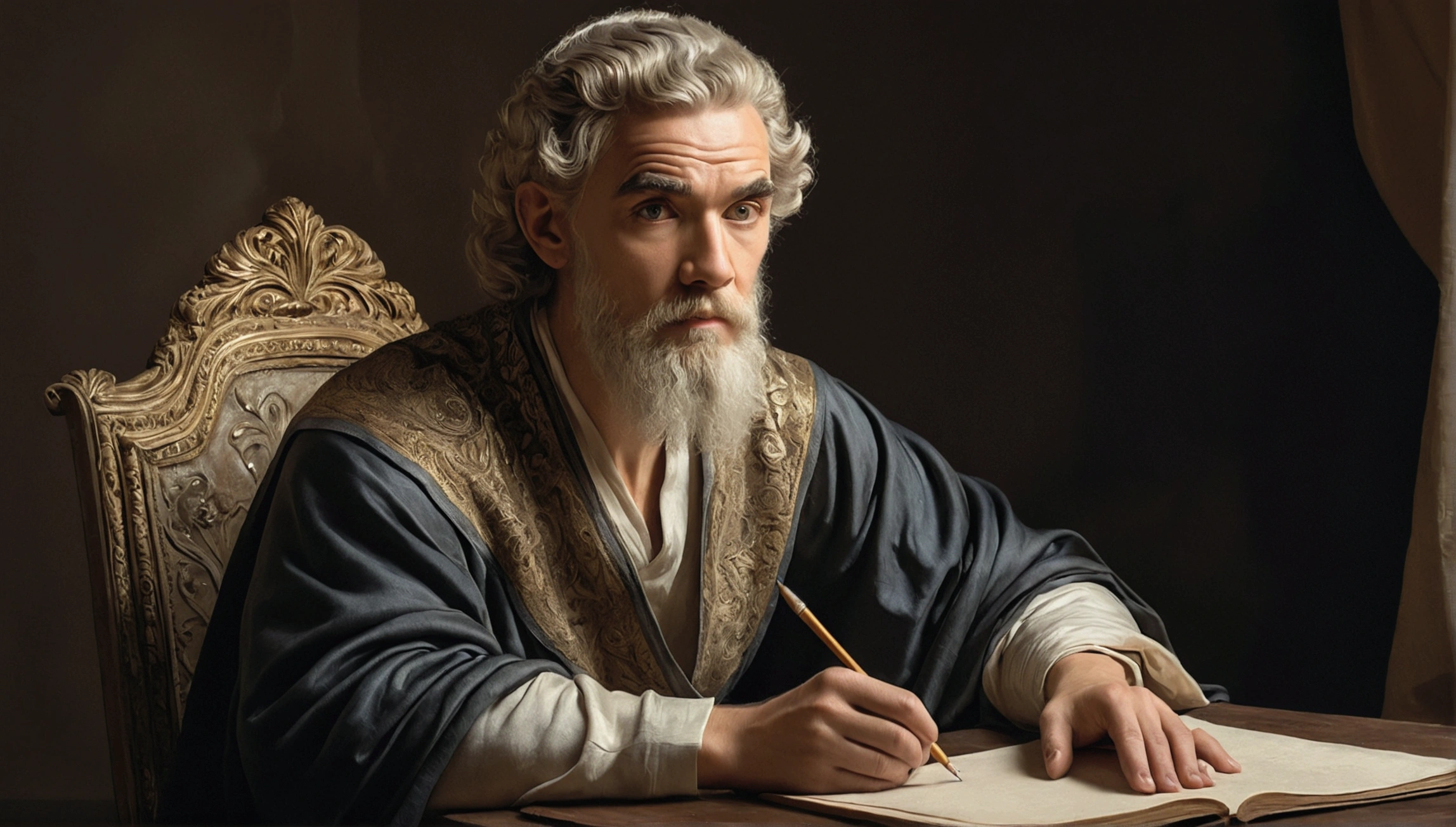 a portrait of epictetus seated on a simple chair, writing on parchment, with a contemplative and serene expression, detailed face, extremely detailed eyes and face, beautiful detailed eyes, beautiful detailed lips, long eyelashes, traditional oil painting, chiaroscuro lighting, muted color palette, classical art style, ornate baroque frame