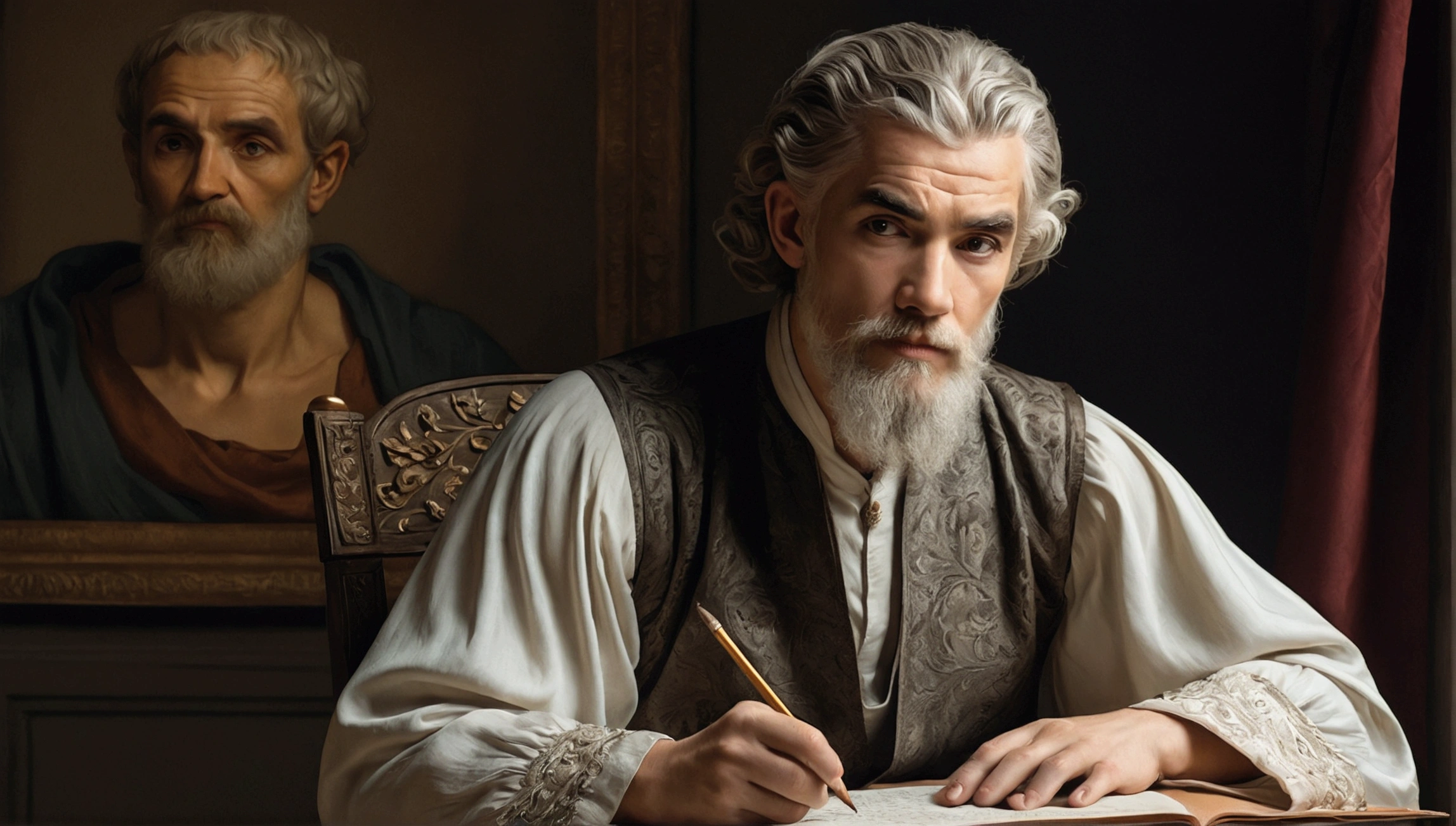 a portrait of epictetus seated on a simple chair, writing on parchment, with a contemplative and serene expression, detailed face, extremely detailed eyes and face, beautiful detailed eyes, beautiful detailed lips, long eyelashes, traditional oil painting, chiaroscuro lighting, muted color palette, classical art style, ornate baroque frame