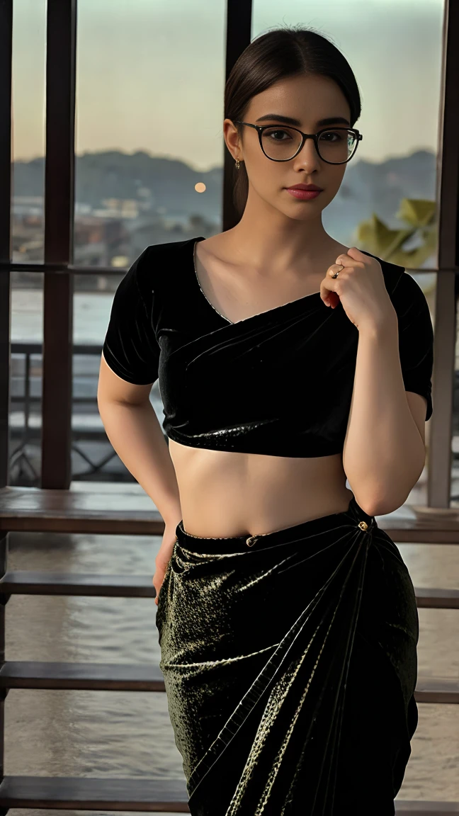 Plus size woman in velvet saree ,wearing glasses, curvy figure, sexy navel, rounded ass, wearing glasses , highly portrait image ,(best quality, realistic),(hdr:1.4)