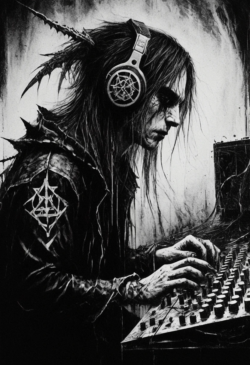 A gamer with an addicted look on their face, playing from a side view, Black metal style, xerox, black and white, white sky