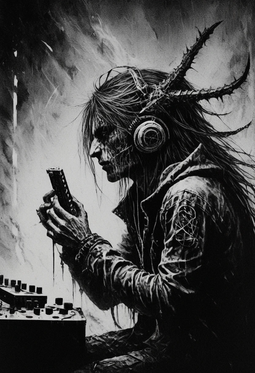 A gamer with an addicted look on their face, playing from a side view, Black metal style, xerox, black and white, white sky