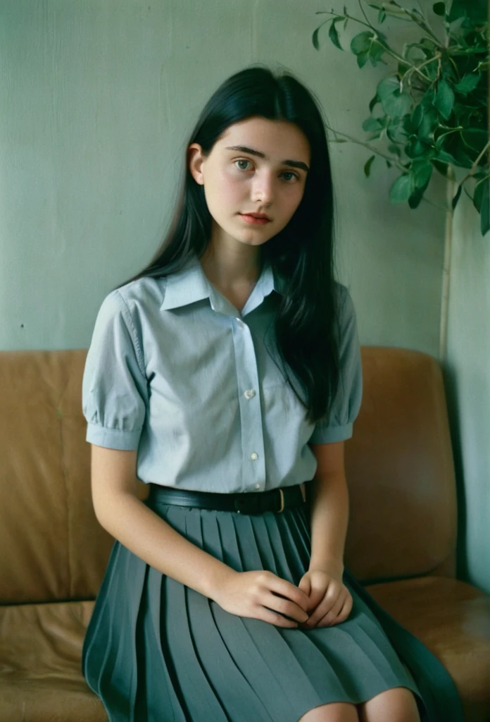 90s high school girl, white short sleeves shirt with grey pleated midi skirt. Long black hair and a sling school bag. Sitting on a leather couch. Shallow depth of field, shadows, grainy, seductive analog lofi (by Oleg Oprisco Laura Makabresku), wall, calendar of 1993, dimly lit, potted plant
