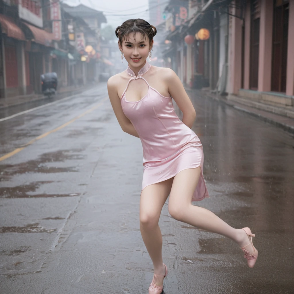 raw photo, realistic, chunli wears thin wet transparent pink qipao, light smile, (extreme detailed face, detailed skin), slim body, tight waist, thin thighs, thin legs, huge round breasts, pearl earrings, double hair bun, silk bandeau, thin wet stockings, show thighs, show feet, full body shot, kungfu pose on street, soft lights on face, dusk, light rainy, warm tone.