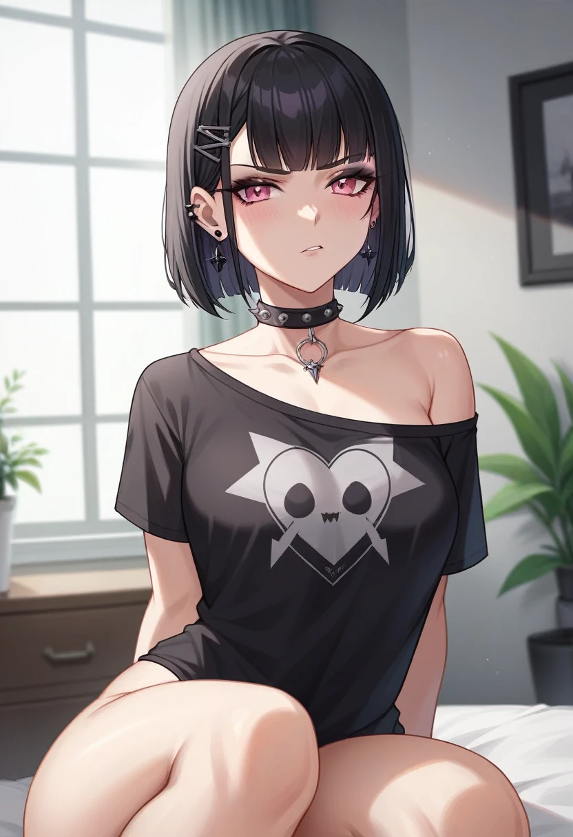 Adult, Female, long Black hair, goth girl, pink eyes gothic aesthetic, goth clothing, goth make up, thick thighs, medium chest, annoyed, disgruntled, bedroom, gothic bedroom, aesthetic bedroom, Masterpiece, Accurate, Anatomically Correct, Best Quality, High Details, Detail, Super Detailed, Best detail, Perfect detail, Amazing detail, [-3, 3], Close-Up, perfect body, best body, amazing body, Looking at viewer, front facing, head shot