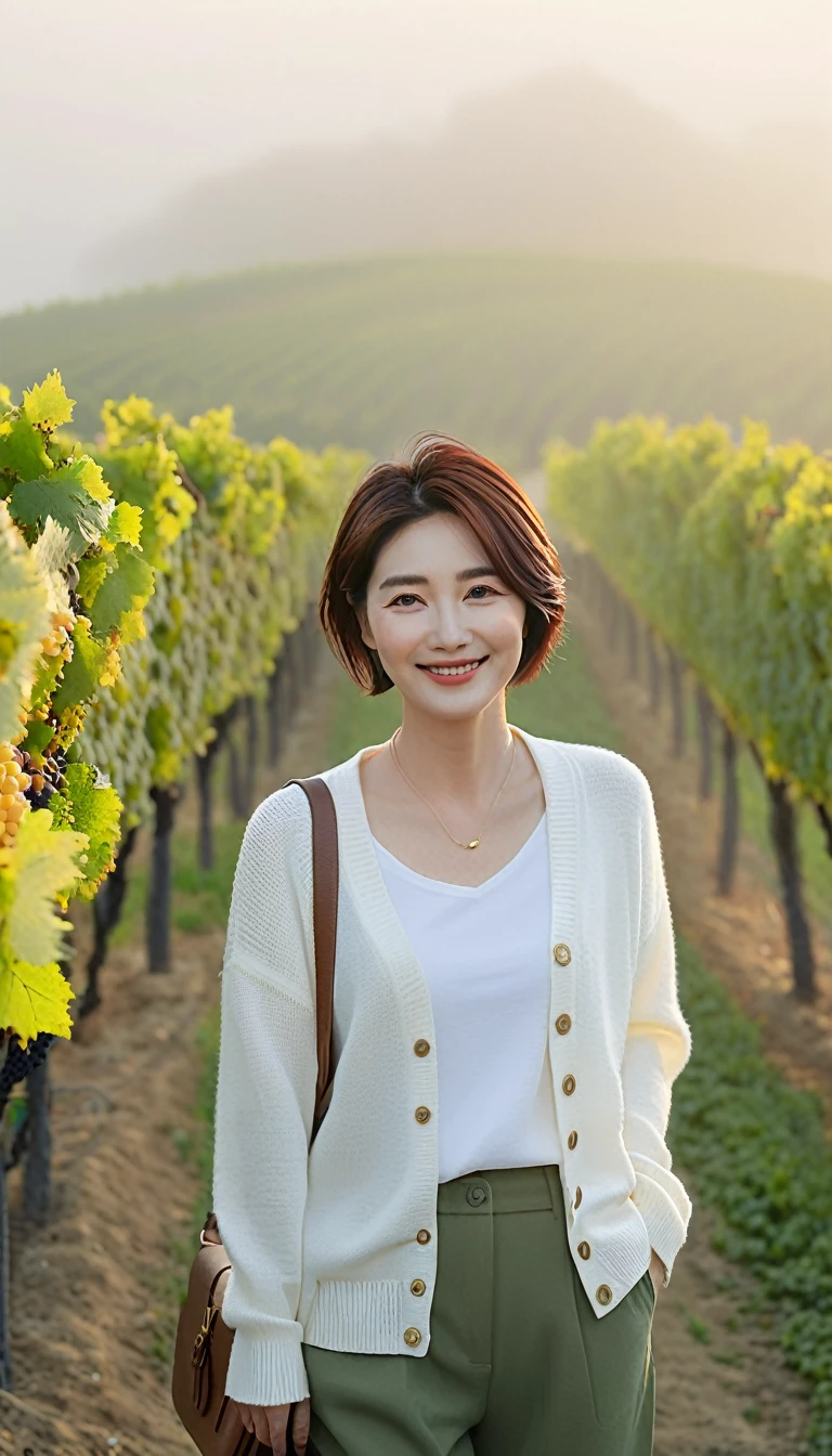 8k realistic, lifelike photo,, 36 year old Korean woman, Short in stature, pretty like a model. White shirt and short cardigan, casual pants, short medium hair, Smiley, Italy. vineyard, thick dawn fog. vineyard 멀리 짙은 안개 속으로 성당이 보인다. 1 woman, Short in stature, Excellent picture quality, The morning fog is thick, The picture quality is alive. Look to the side