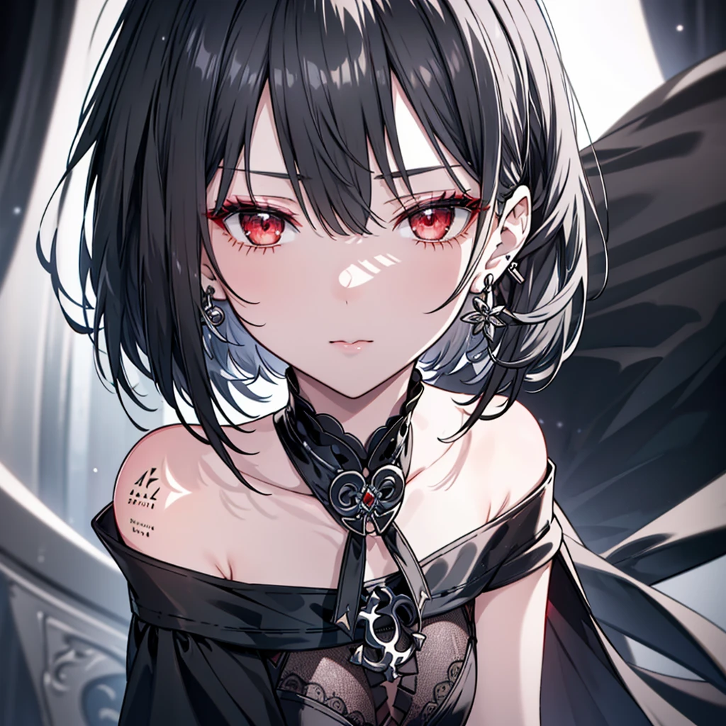 8k,High resolution RAW color art,Anime Art, (((Very detailed and cool))), Detailed skin, Blur、texture,(Exquisitely crafted, The finer details, Ultra-detailed art), (((1 girl))), Depth of written boundary, Silky Touch, Hyper Detail, (((Cool face))), eye shadow、Silver Marble Skin, Beautiful detailed red eyes, Beautiful lip detail, Highly detailed face, Delicate depiction of hair and eyes, Detailed Fashion, Silver earrings,Silver Bracelet、Full body depiction, Black half top、(((Shoulder Bare)))、Black shorts、black waist cloak、black tights、 Slightly dark grey hair, Straight Hair、Short Hair、(((Hair)))、water surface、silk clothes