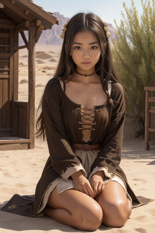 (desert)、oasiarket)、(貧しい服を着たGirl)、Clothing of the common people in medieval Europe、Tattered clothes、Clothes that expose a lot of skin、Girl、Black Hair、細身のGirl、(Brown Skin:1.5)、(アラブのGirl:1.5)、Staring intently at me、(Sit down)、悲しげな目のGirl、Well-proportioned face、High definition、Real、Great people images、Accurate body、Realistic、super high quality、High freshness