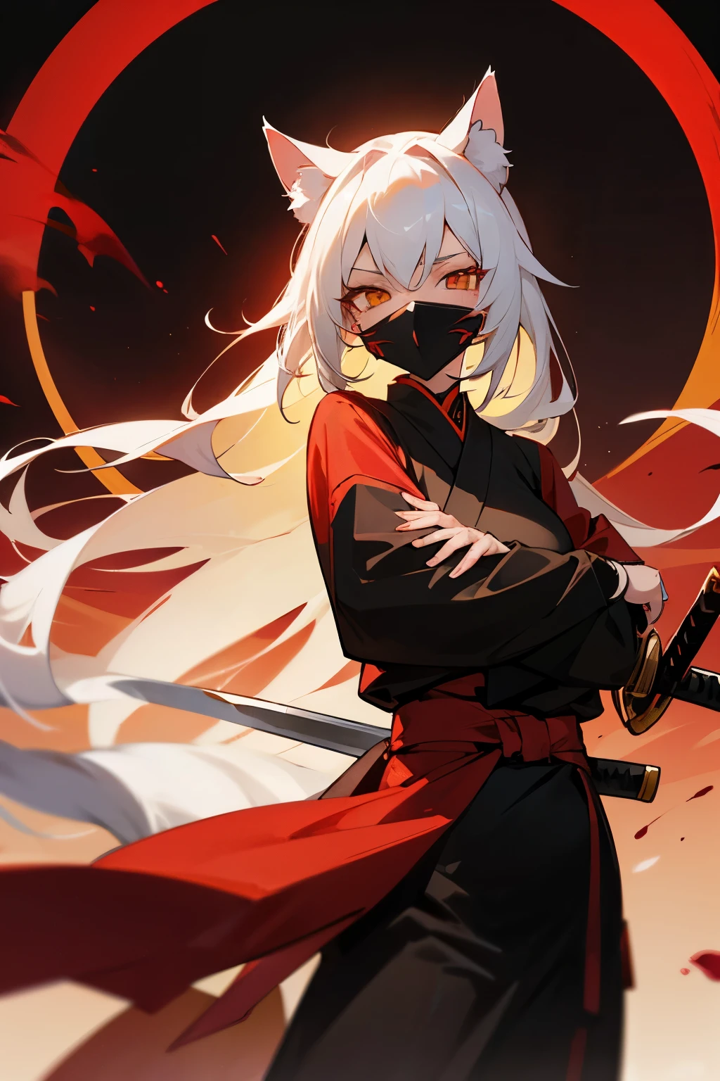 Mature girl, long white hair, golden eyes, white catgirl ears and tail, wearing a full cat mask, black ninja outfit, beautiful nature background highlighting the blood red moon, wielding katana
