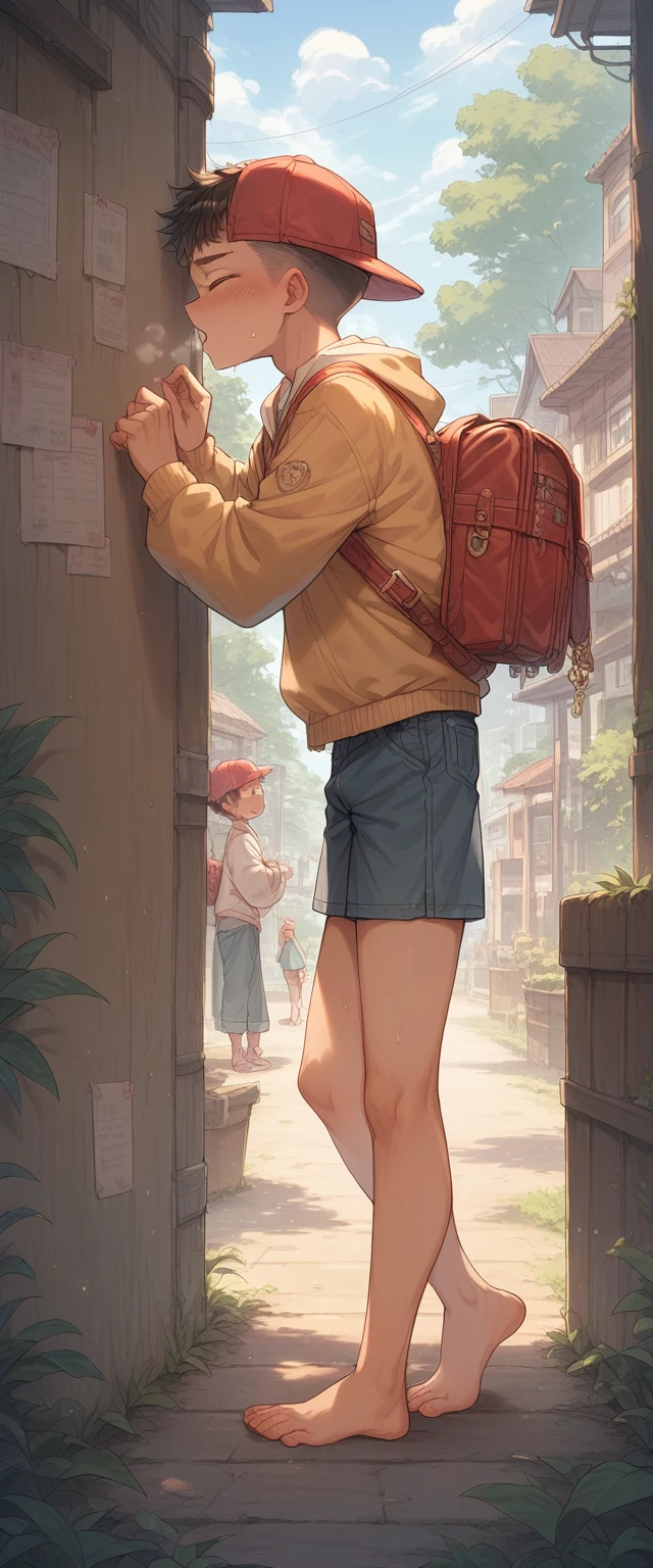 Shortcut hair　Seaside background　1st grade elementary school student　Super young and cute　Super young body type　Yellow CAP　Large leather red bag with key holder　A man is thrusting his penis into a woman&#39;s anus from the opposite direction.　She has been covered in semen after having a large amount of semen ejaculated onto her face by multiple men.　Having group sex with multiple men　Middle finger up　Very smiling　