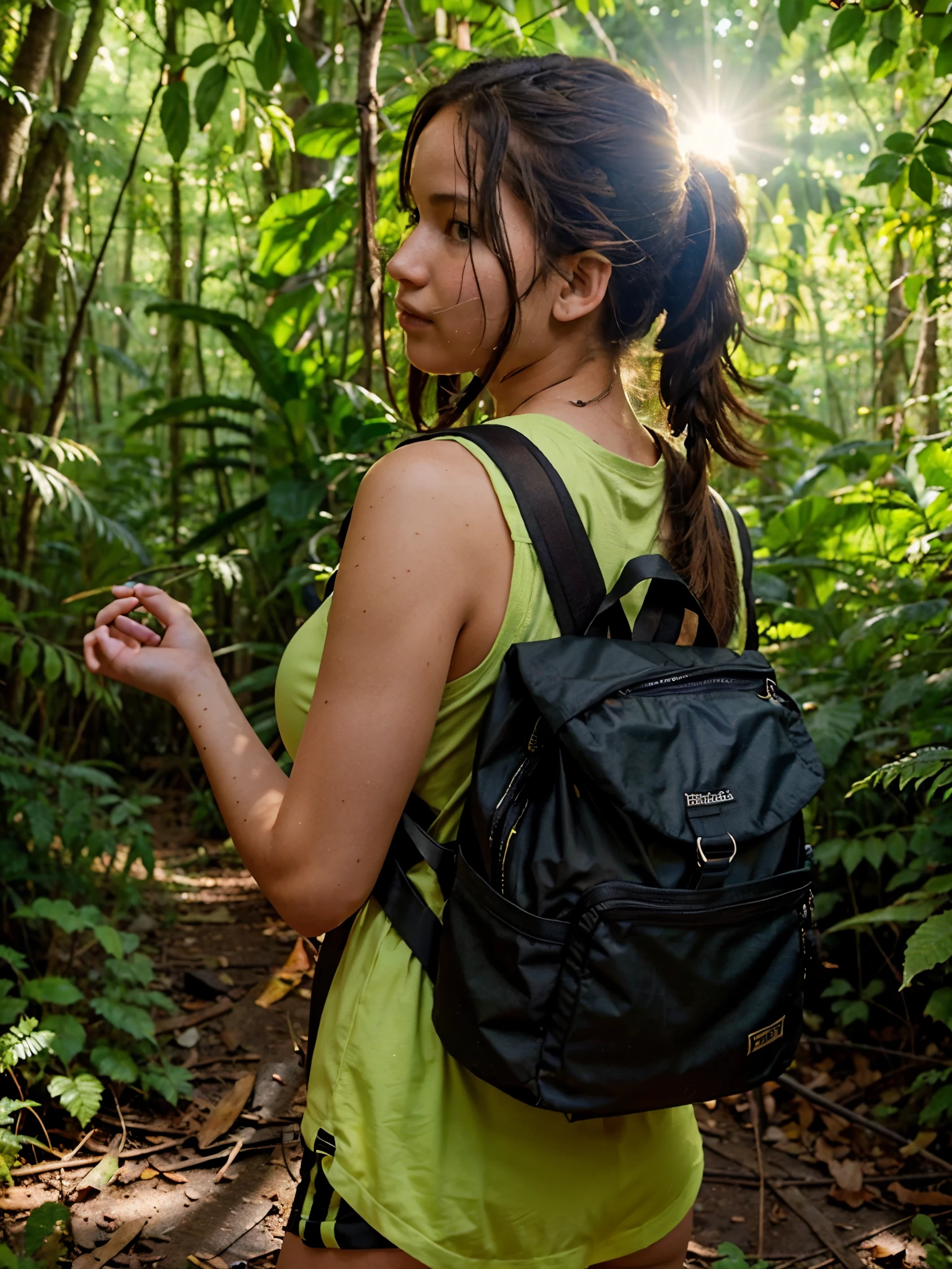 Photorealistic, high fidelity, RTX. A confident teenage girl, resembling Jennifer Lawrence from the Hunger Games, turned to the back, behind shot, carrying a backpack and camera, explores a lush, dense forest. Sunlight filters through the canopy, and she stops to photograph the vibrant wildlife and flora. Her stylish outfit and energetic pose reflect her adventurous spirit and passion for nature.