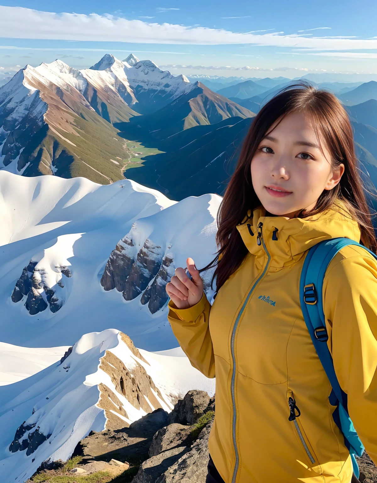 Realistically、Snow Mountain Climbing、Outdoor Fashion Girl、Mountain seen from the cliff々々View、Portraiture、valley、Large Breastountain Backpack、zoom、Upper body naked、whole