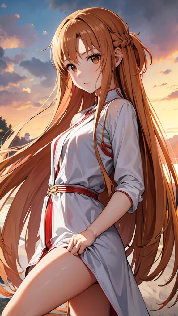 aaasuna, long hair, Brown hair, braid, Brown eyes, white thighs,naked