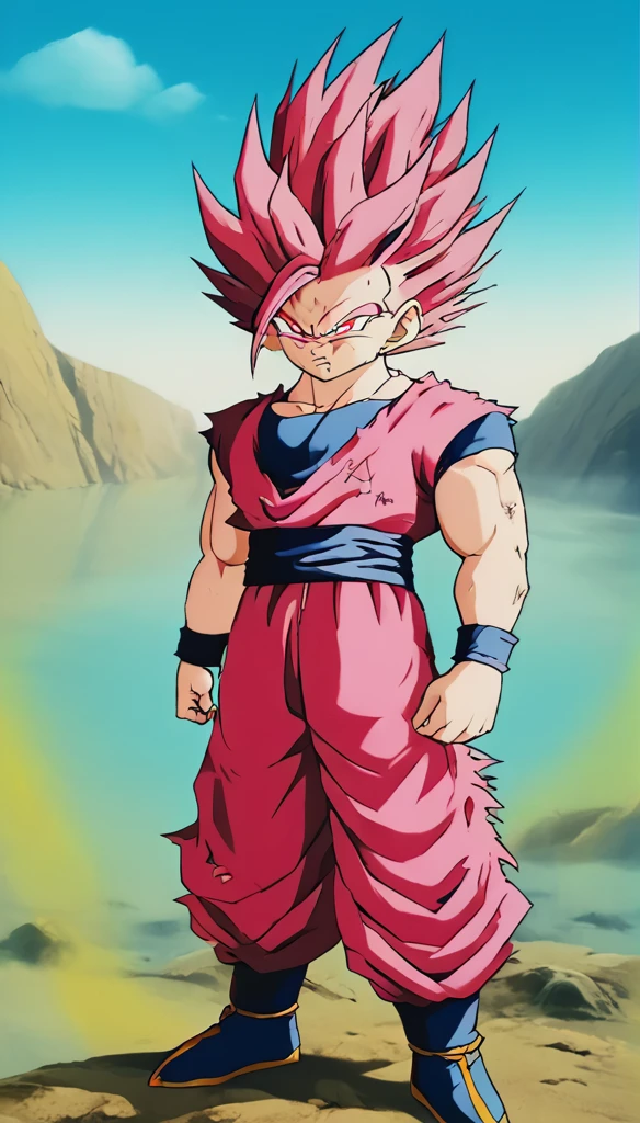 ((wolf)), 1boy, ((super saiyan)), ((pink fur)), ((fluffy tail)), ((red eyes)), ((furry)), perfect eyes, clothing