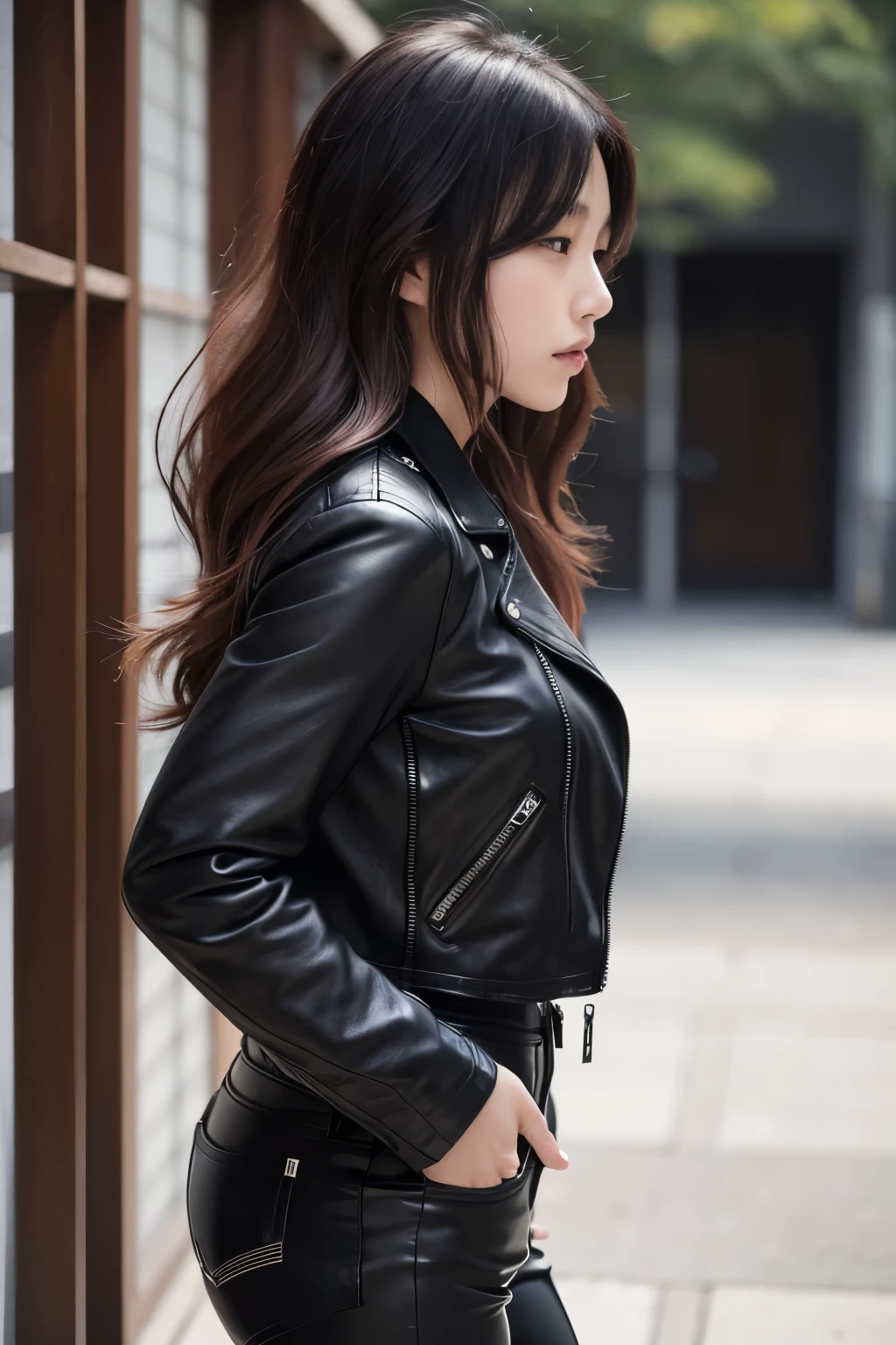 Japanese 20age woman, full body, no nude very huge breasts, side view, hair color is black, long wave hair, wearing black leather jacket bulge in her chest, {{{closing leather jacket zip,}}} black leather flared pants, full leather, too cold