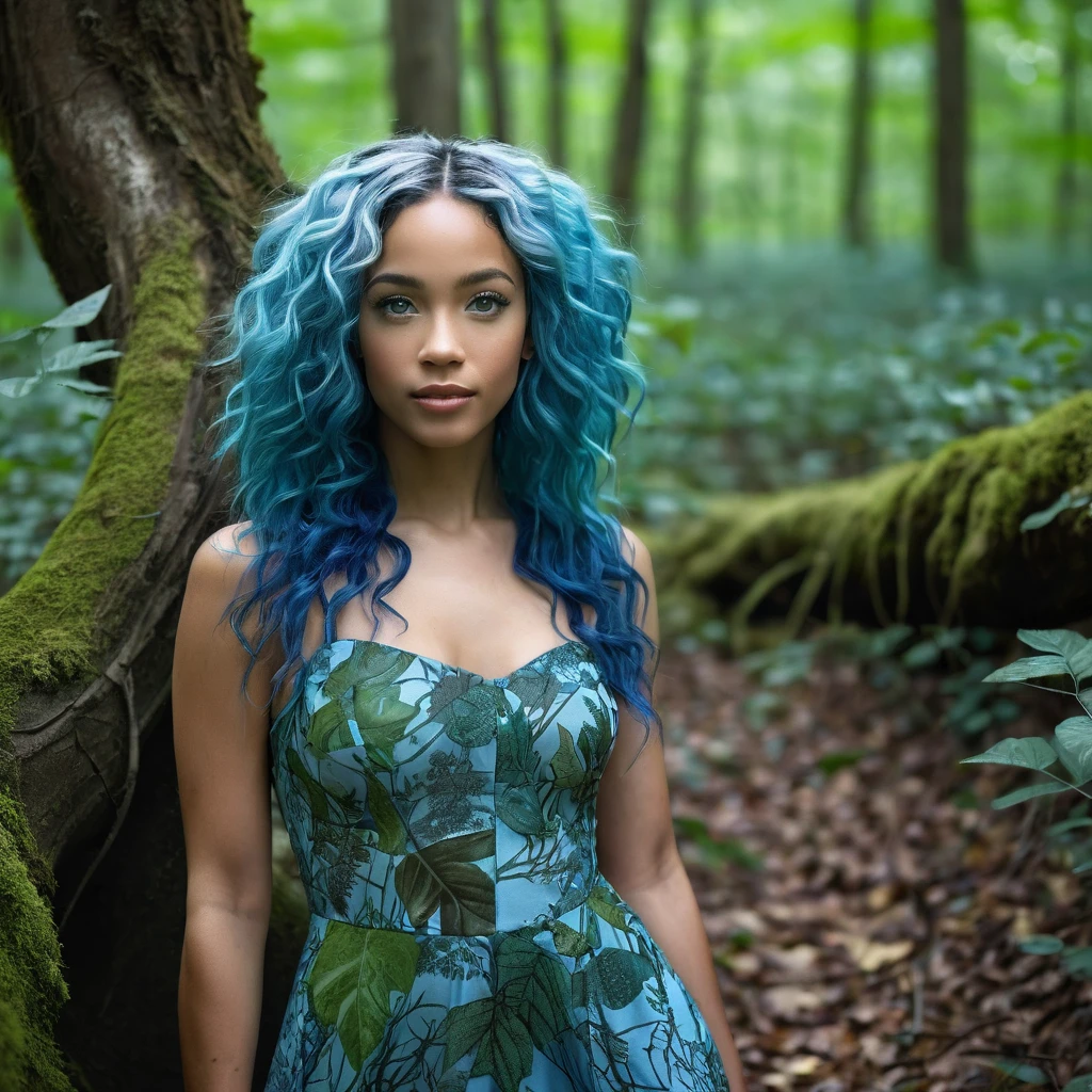  Beautiful biracial woman , blue hair, light blue eyes , extremely detailed full body, in forest, root and leaves dress, 